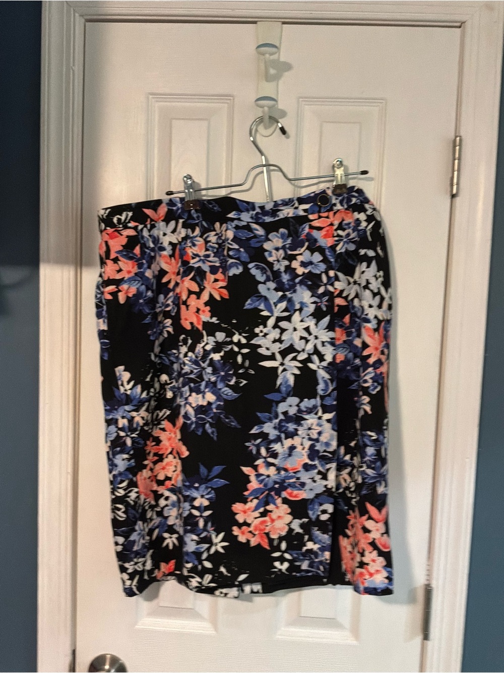 Talbots Black Pencil Skirt with Coral and Blue Floral Print